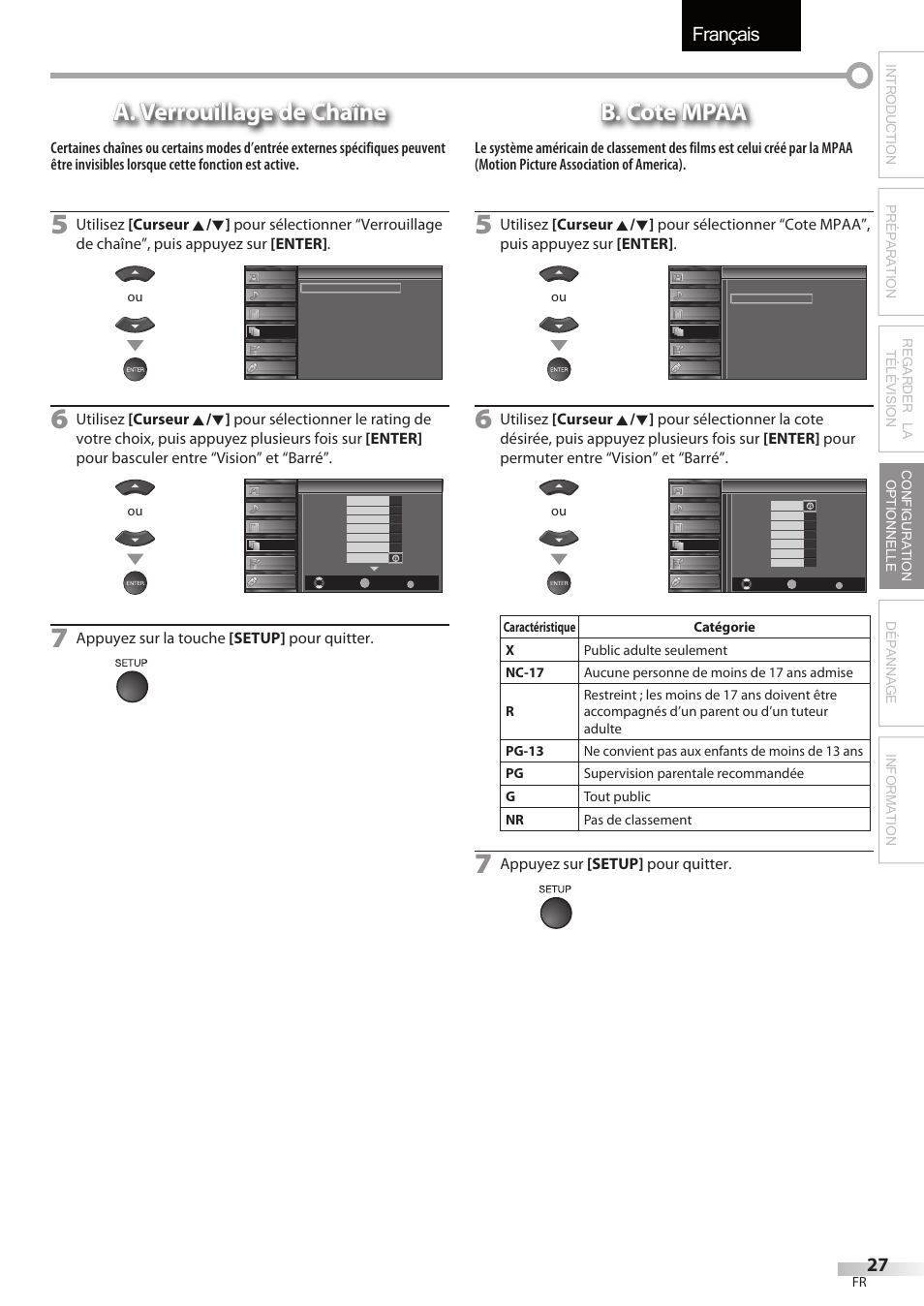 Français, A. verrouillage de chaîne, B. cote mpaa | Appuyez sur la touche [setup] pour quitter, Appuyez sur [setup] pour quitter | Sylvania LC427SSX User Manual | Page 66 / 117