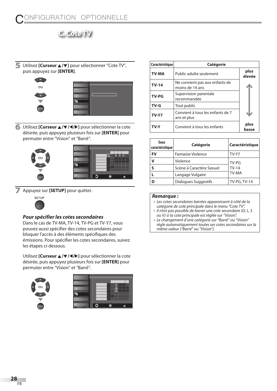 Onfiguration optionnelle, C. cote tv, Pour spécifier les cotes secondaires | Remarque, Appuyez sur [setup] pour quitter | Sylvania LC427SSX User Manual | Page 67 / 117