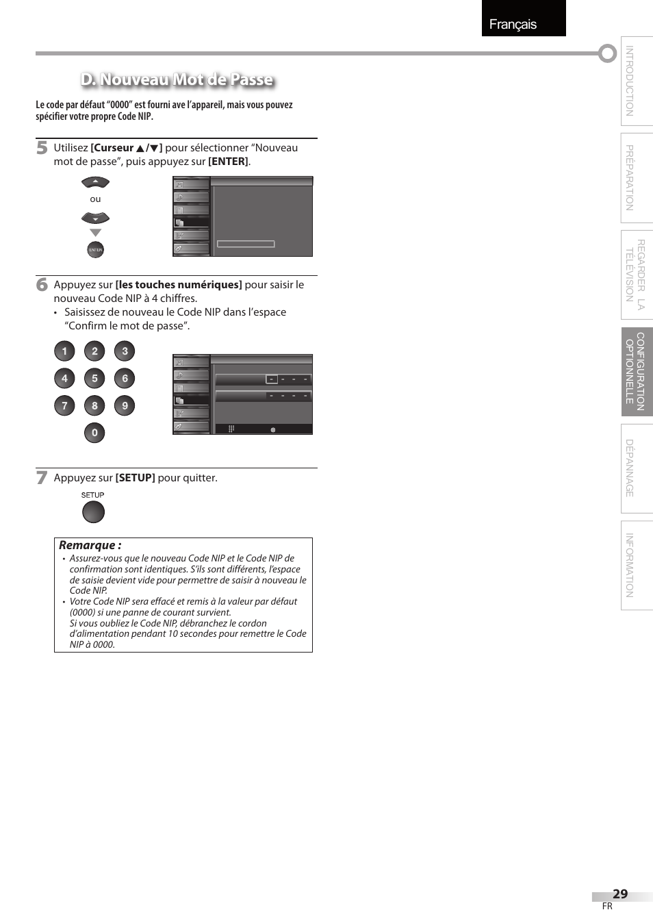 Français, D. nouveau mot de passe, Remarque | Sylvania LC427SSX User Manual | Page 68 / 117