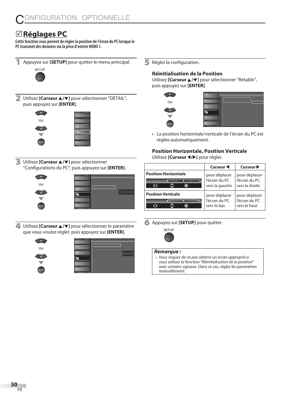 Onfiguration optionnelle, Réglages pc, Réinitialisation de la position | Position horizontale, position verticale, Remarque, Appuyez sur [setup] pour quitter le menu principal, Régler la configuration, Utilisez [curseur s / b ] pour régler, Appuyez sur [setup] pour quitter | Sylvania LC427SSX User Manual | Page 69 / 117