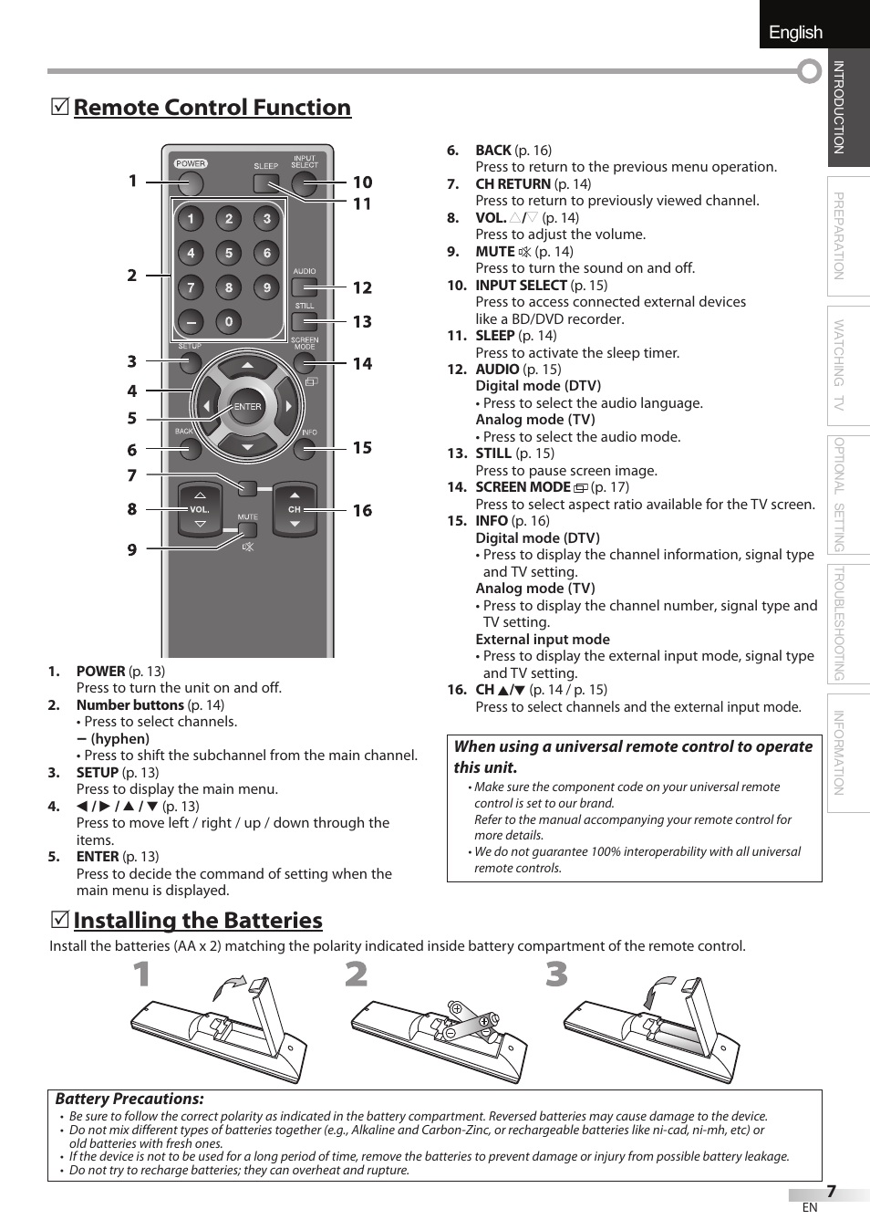 English, Remote control function 5, Installing the batteries | Sylvania LC427SSX User Manual | Page 7 / 117