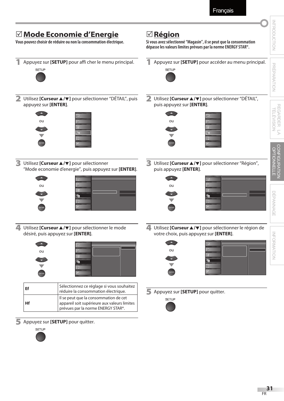 Français, Mode economie d’energie, 5région | Appuyez sur [setup] pour quitter, Appuyez sur [setup] pour accéder au menu principal | Sylvania LC427SSX User Manual | Page 70 / 117