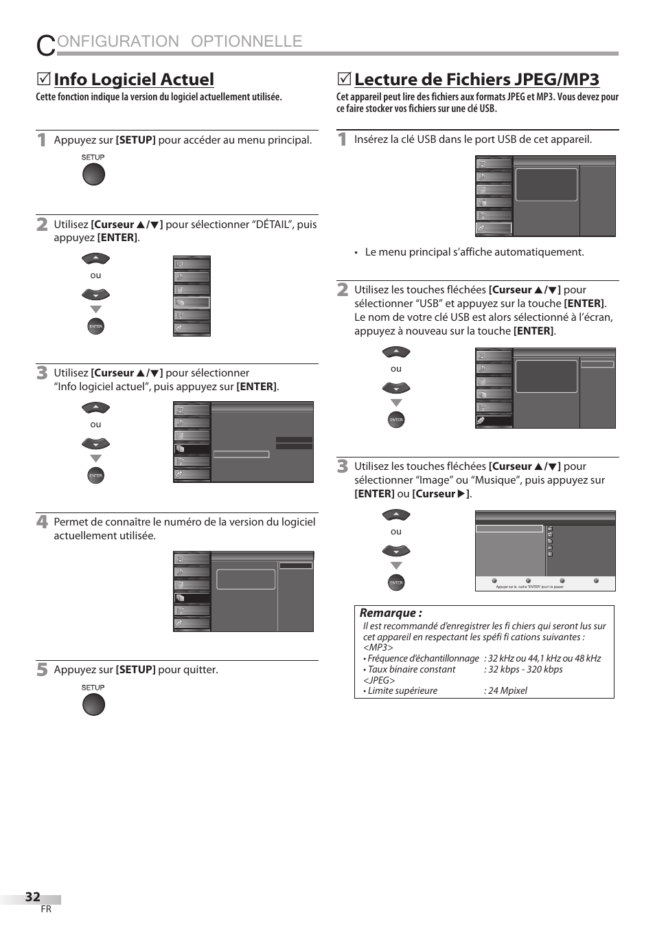 Onfiguration optionnelle, Info logiciel actuel, 5lecture de fichiers jpeg/mp3 | Remarque, Appuyez sur [setup] pour accéder au menu principal, Appuyez sur [setup] pour quitter, Le menu principal s’affiche automatiquement | Sylvania LC427SSX User Manual | Page 71 / 117