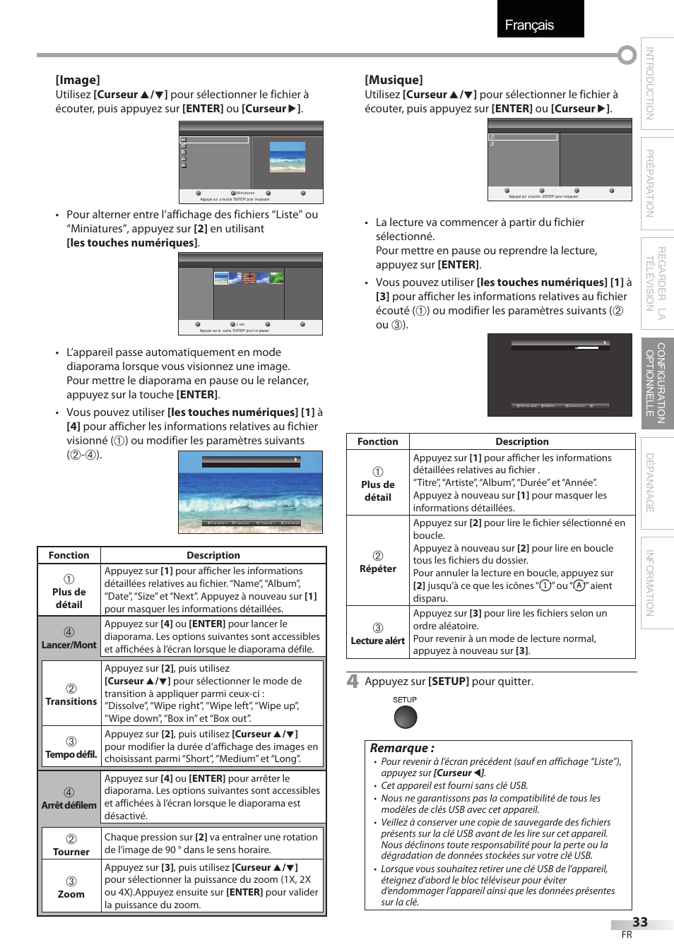 Français, Image, Musique | Remarque, Ou modifier les paramètres suivants, Appuyez sur [setup] pour quitter | Sylvania LC427SSX User Manual | Page 72 / 117