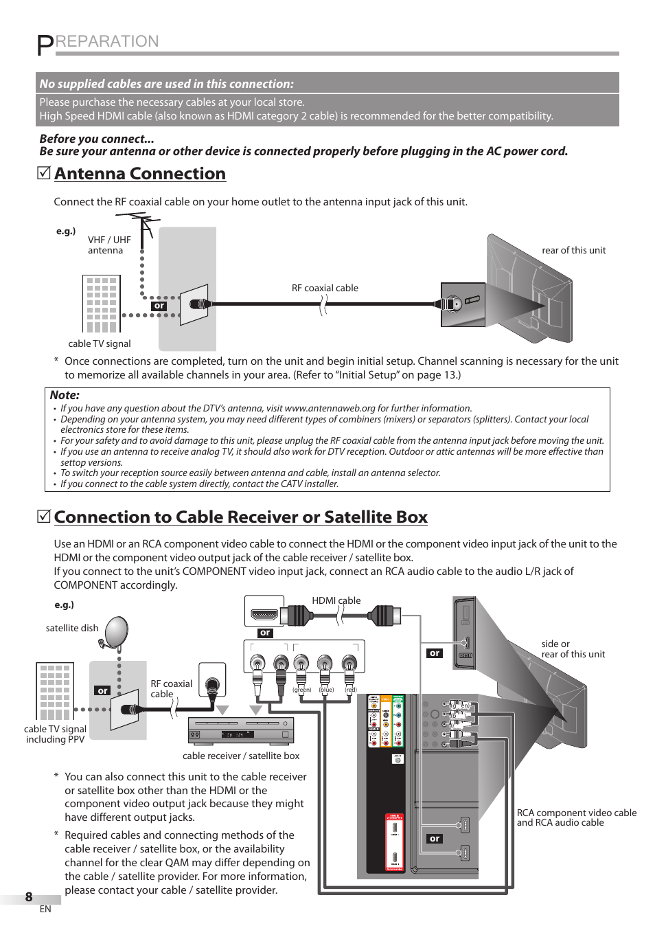 Reparation, Antenna connection, Connection to cable receiver or satellite box | No supplied cables are used in this connection | Sylvania LC427SSX User Manual | Page 8 / 117