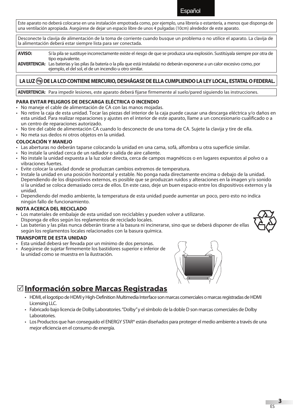 Español, Información sobre marcas registradas | Sylvania LC427SSX User Manual | Page 80 / 117