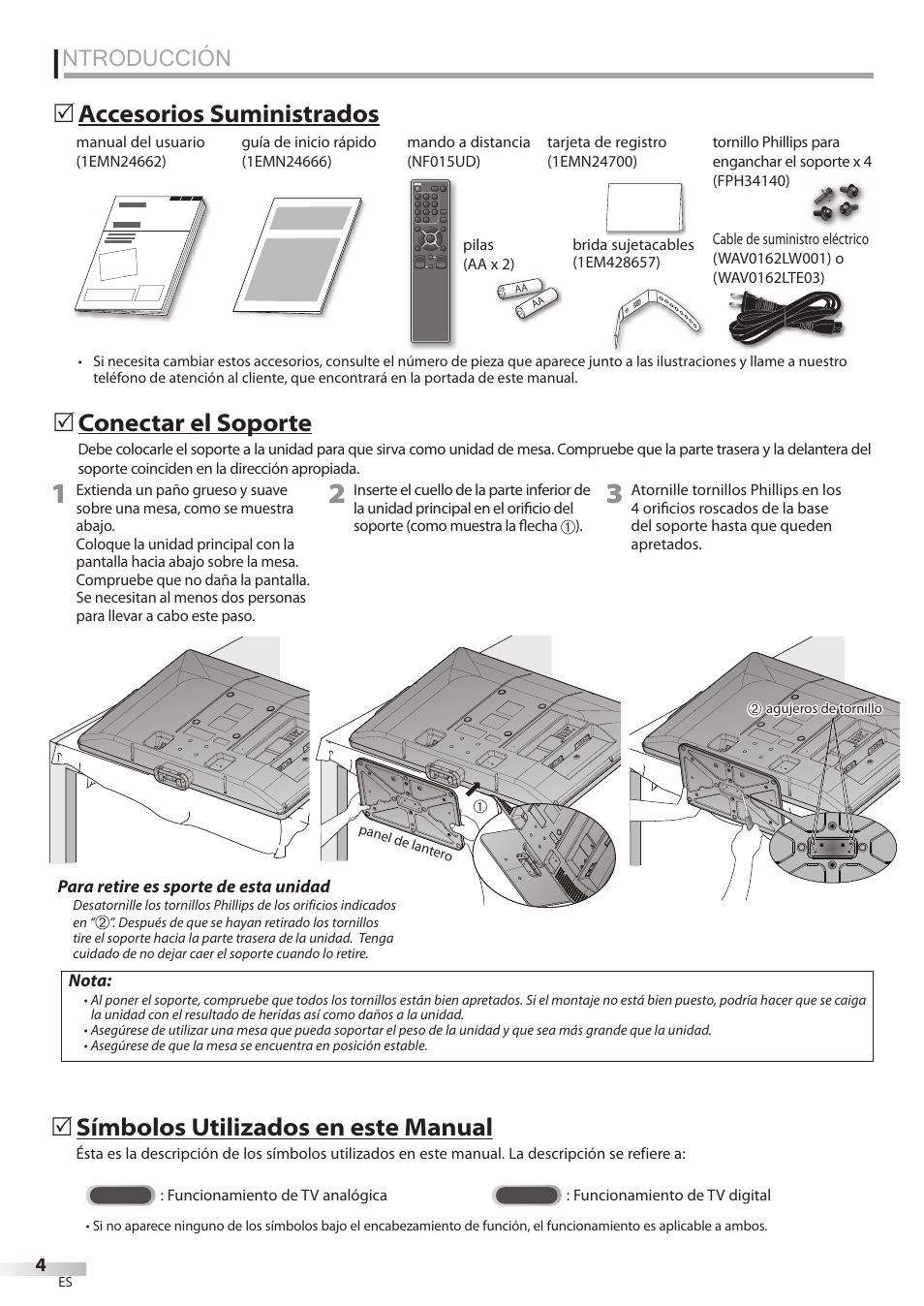 Ntroducción, Conectar el soporte, 5accesorios suministrados 5 | Símbolos utilizados en este manual | Sylvania LC427SSX User Manual | Page 81 / 117