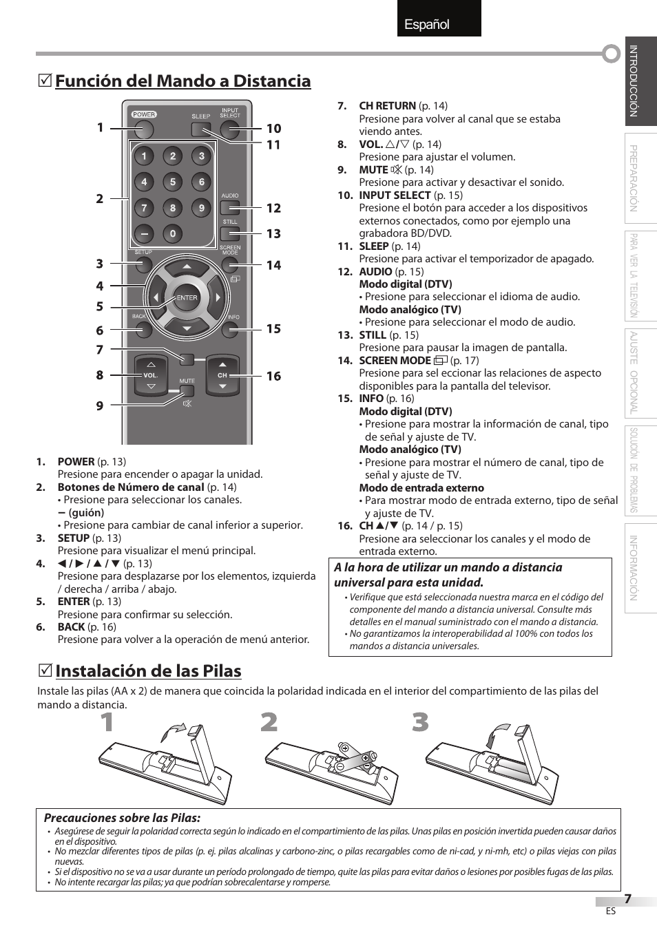 Español, Función del mando a distancia 5, Instalación de las pilas | Sylvania LC427SSX User Manual | Page 84 / 117