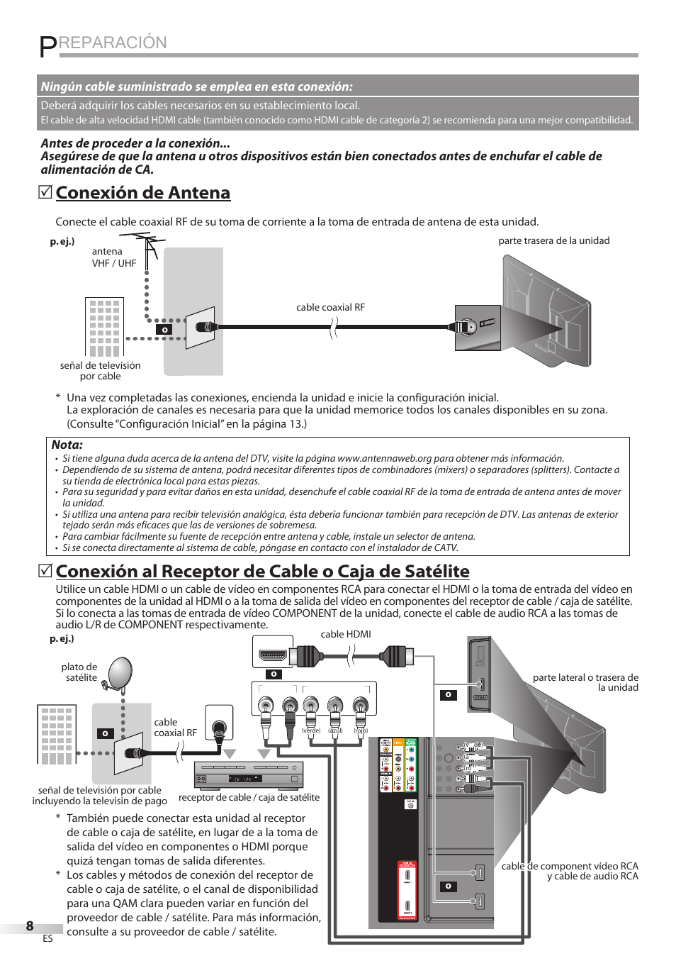 Reparación, Conexión de antena, Conexión al receptor de cable o caja de satélite | Nota | Sylvania LC427SSX User Manual | Page 85 / 117