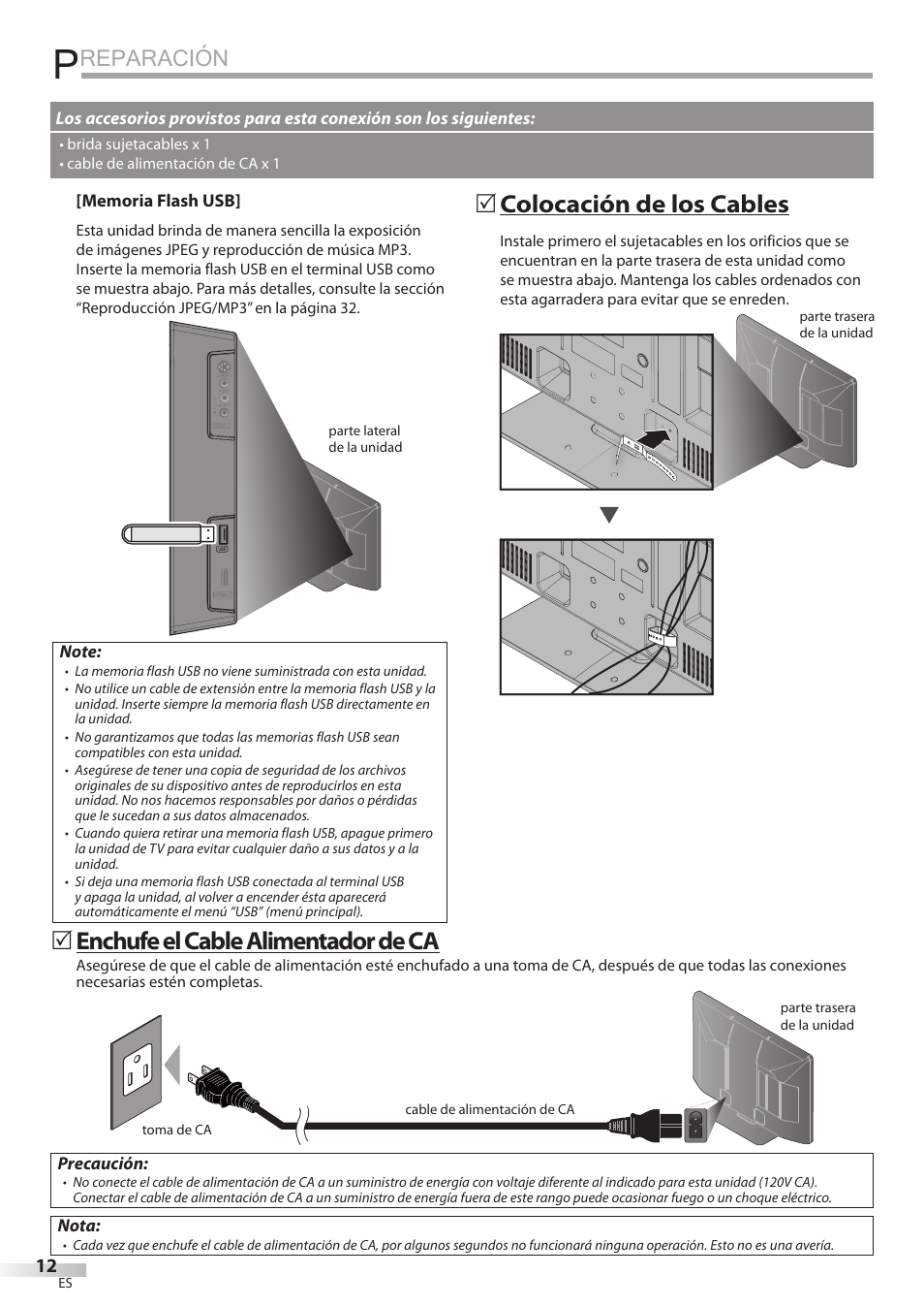 Reparación, Enchufe el cable alimentador de ca, Colocación de los cables | Sylvania LC427SSX User Manual | Page 89 / 117