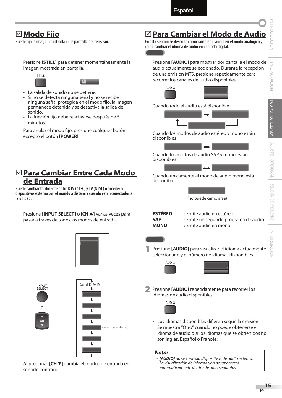 Español, Modo fijo, Para cambiar entre cada modo de entrada | 5para cambiar el modo de audio | Sylvania LC427SSX User Manual | Page 92 / 117