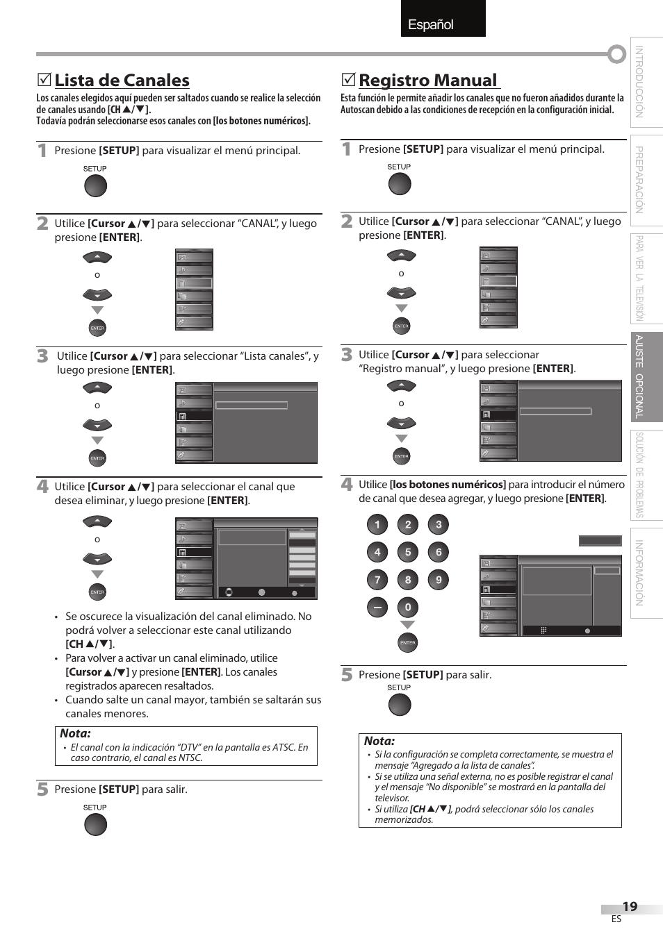 Español, Lista de canales, Registro manual | Nota, Presione [setup] para visualizar el menú principal, Presione [setup] para salir | Sylvania LC427SSX User Manual | Page 96 / 117