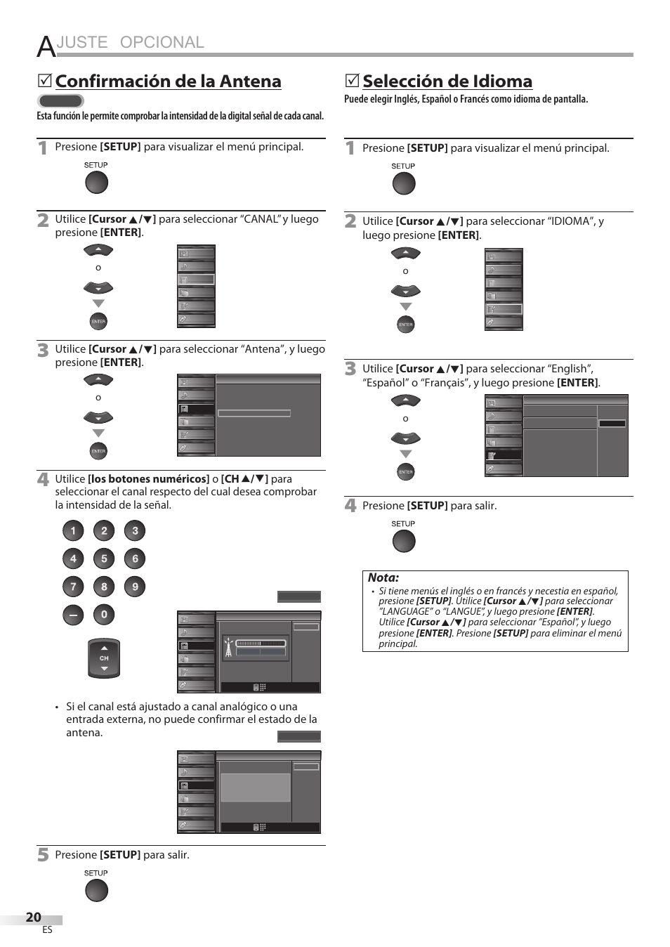 Juste opcional, Confirmación de la antena, Selección de idioma | Nota, Presione [setup] para visualizar el menú principal, Presione [setup] para salir | Sylvania LC427SSX User Manual | Page 97 / 117