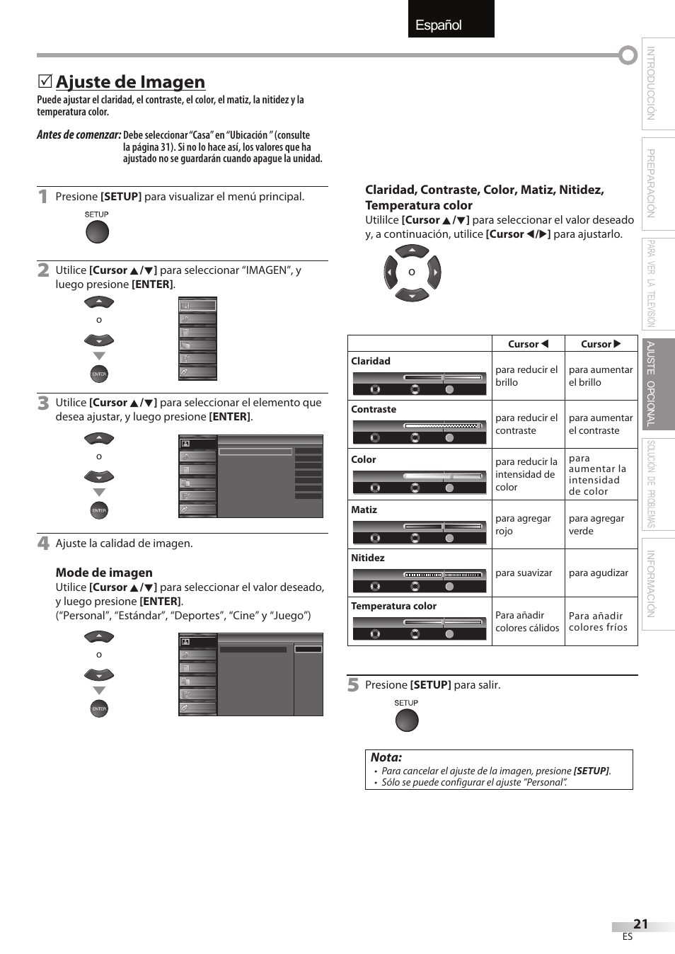Español, Ajuste de imagen, Antes de comenzar | Mode de imagen, Nota, Presione [setup] para visualizar el menú principal, Ajuste la calidad de imagen, Presione [setup] para salir | Sylvania LC427SSX User Manual | Page 98 / 117
