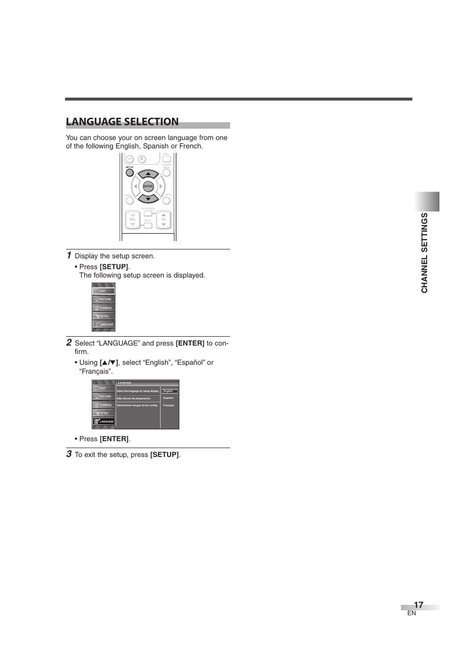 Language selection, Channel settings | Sylvania SSL2606 User Manual | Page 17 / 72