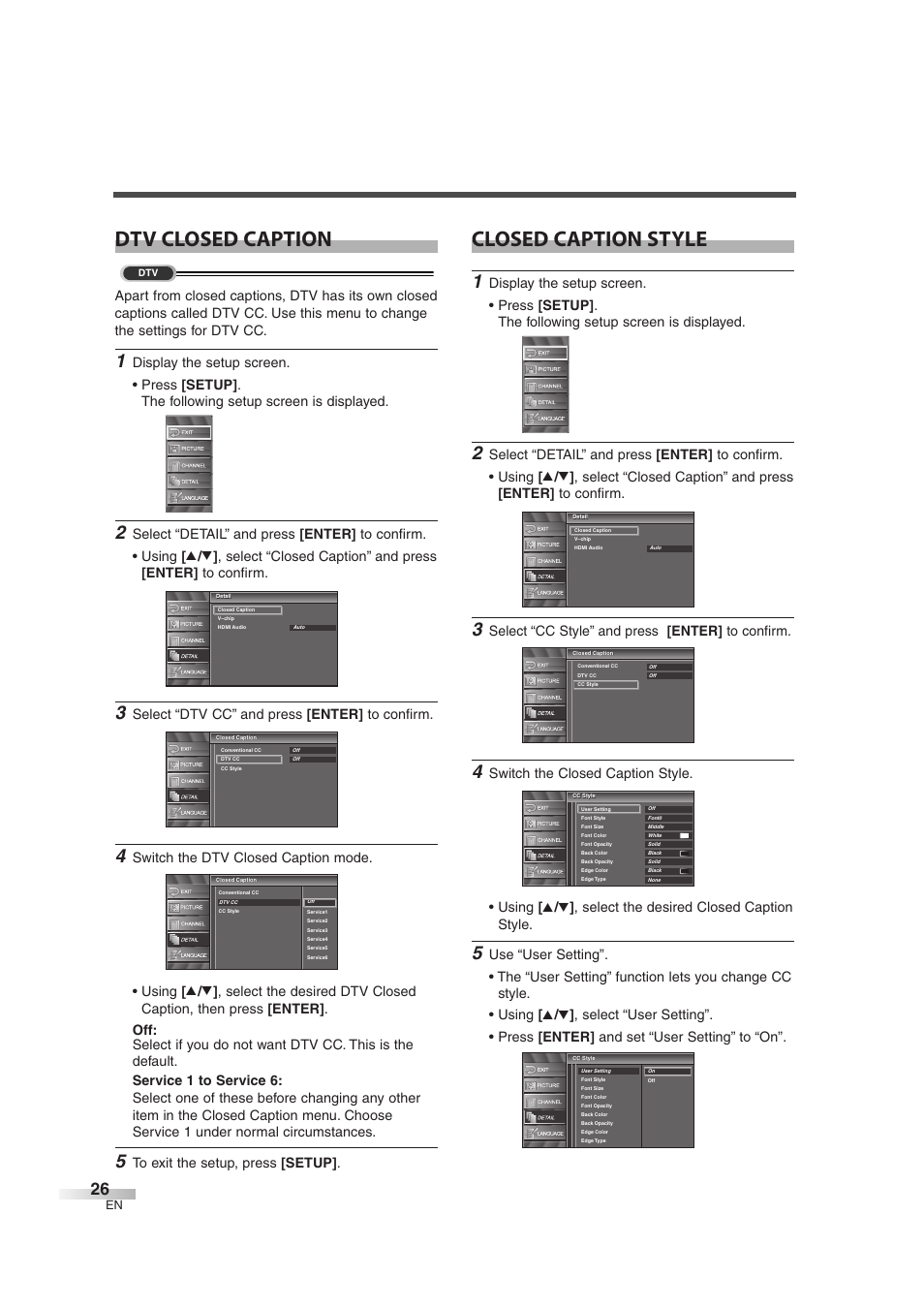 Dtv closed caption, Closed caption style, Select “dtv cc” and press [enter] to confirm | Select “cc style” and press [enter] to confirm | Sylvania SSL2606 User Manual | Page 26 / 72