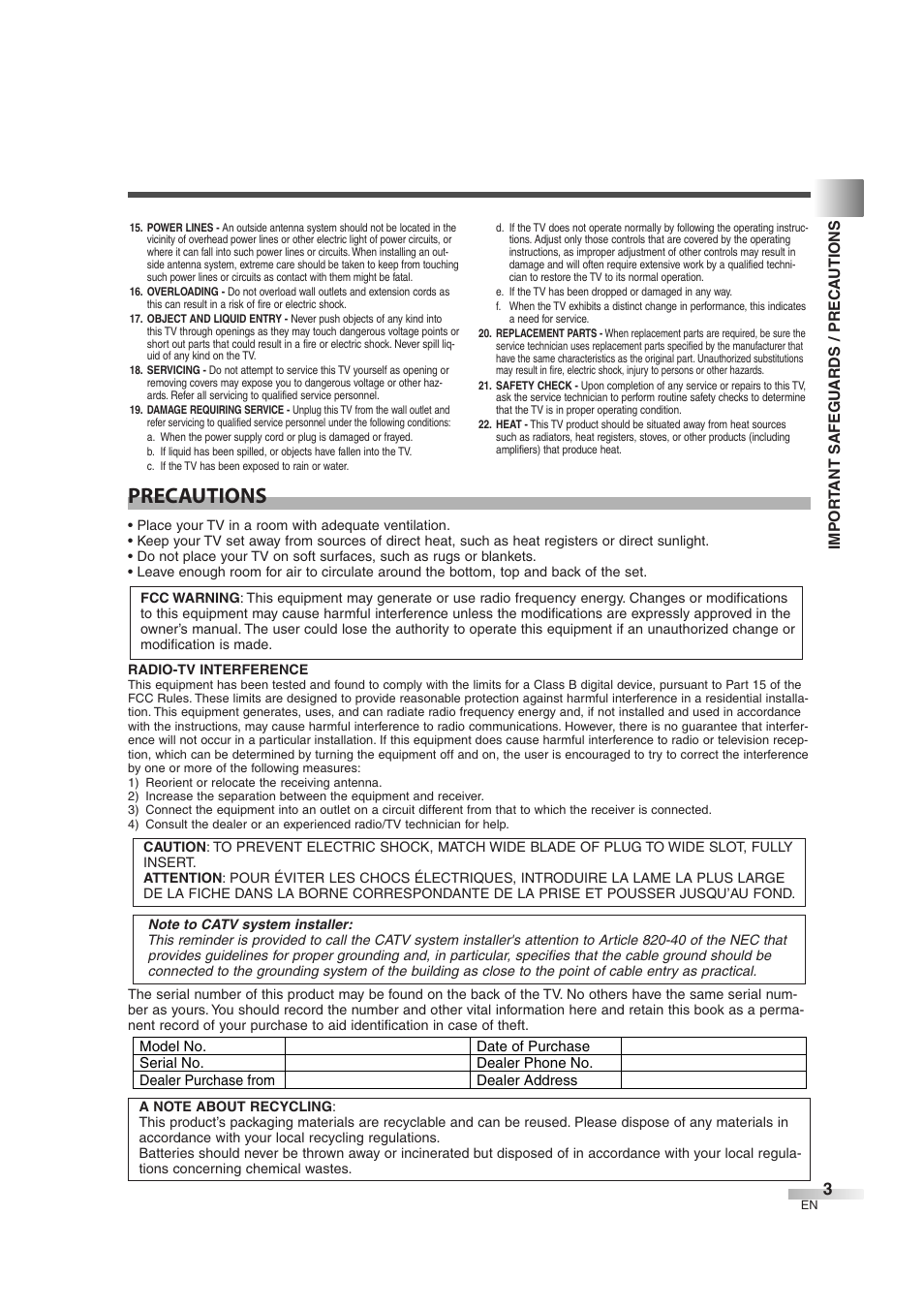 Precautions | Sylvania SSL2606 User Manual | Page 3 / 72