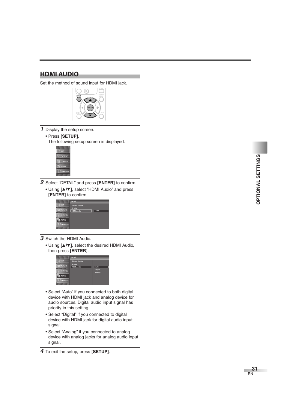 Hdmi audio, Optional settings, Set the method of sound input for hdmi jack | Sylvania SSL2606 User Manual | Page 31 / 72