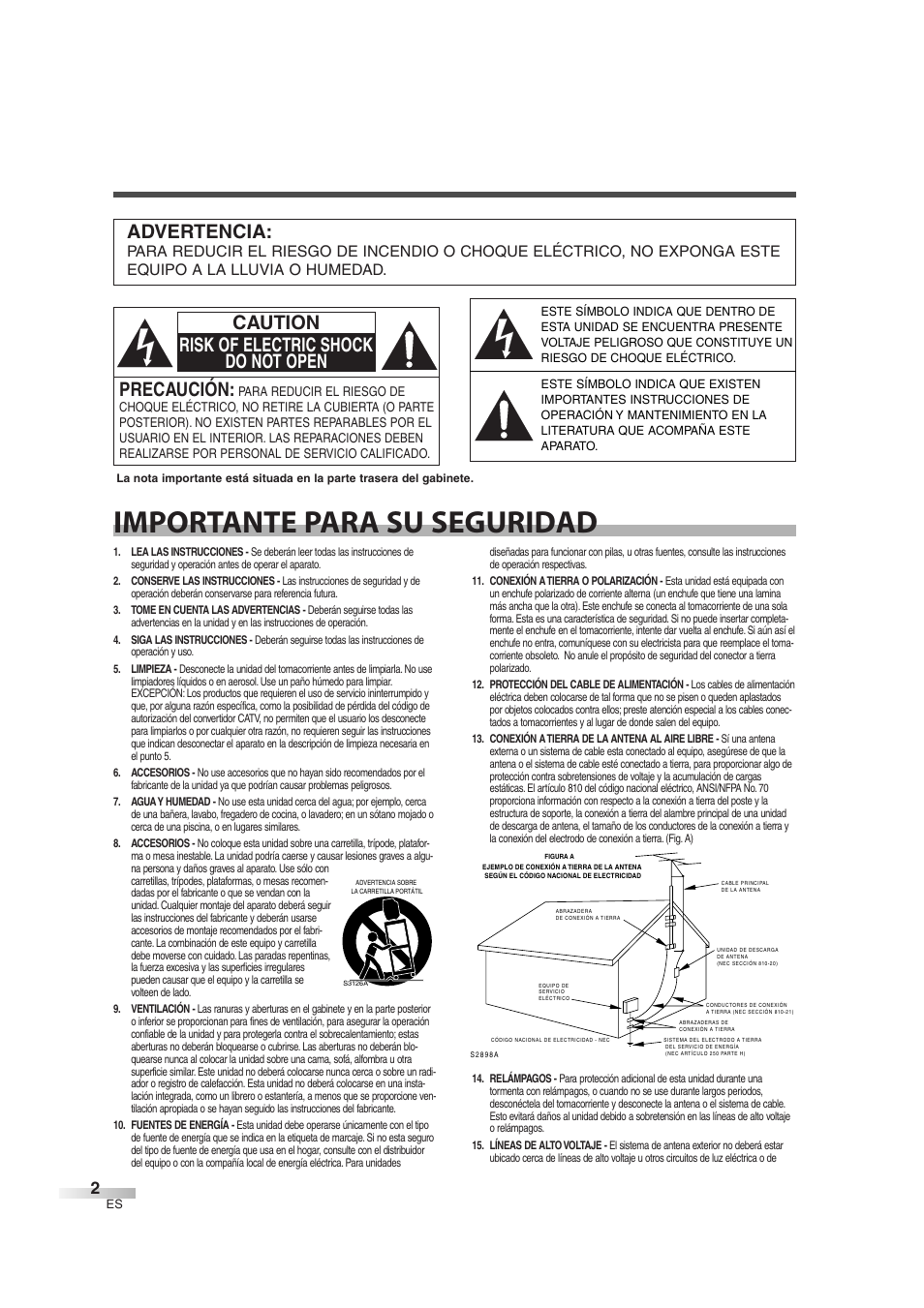 Importante para su seguridad, Advertencia, Precaución | Caution risk of electric shock do not open | Sylvania SSL2606 User Manual | Page 38 / 72