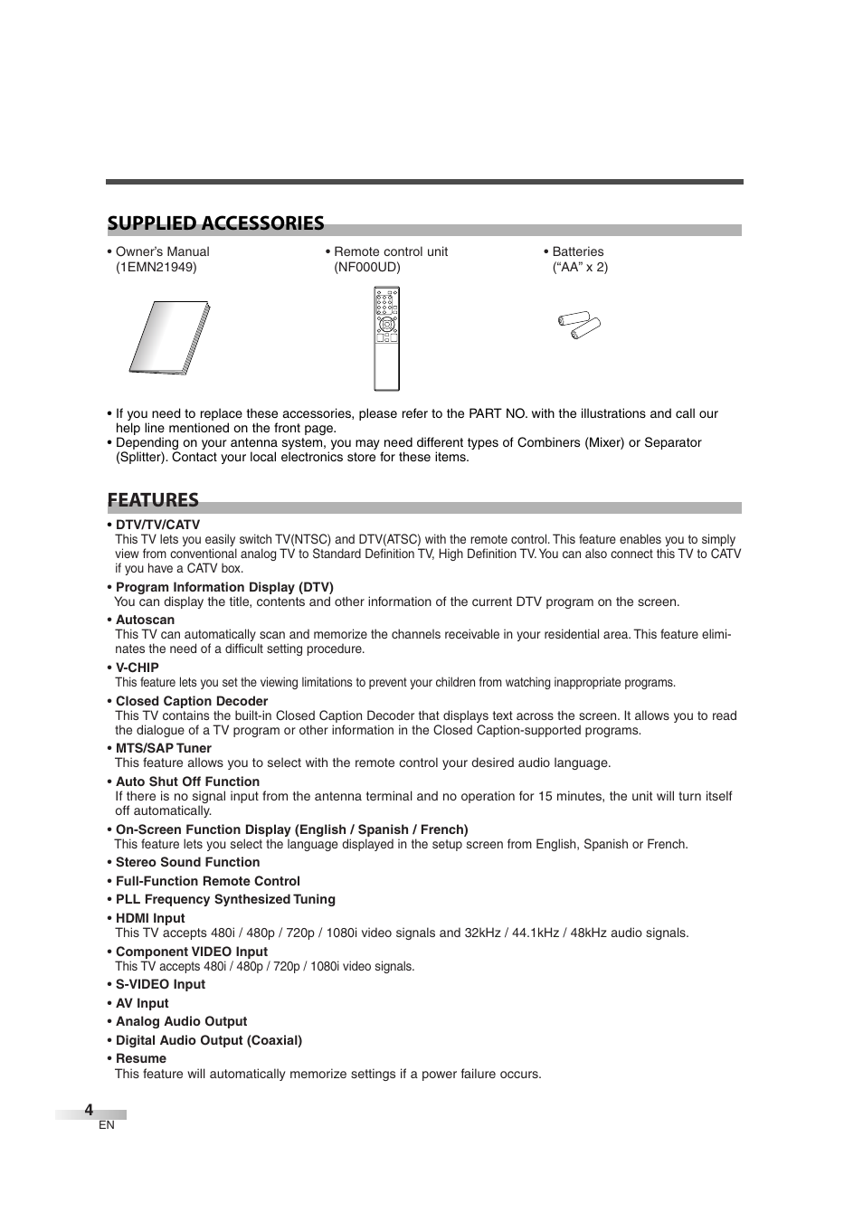 Features supplied accessories | Sylvania SSL2606 User Manual | Page 4 / 72