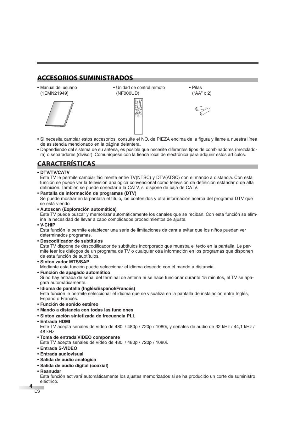 Características accesorios suministrados | Sylvania SSL2606 User Manual | Page 40 / 72