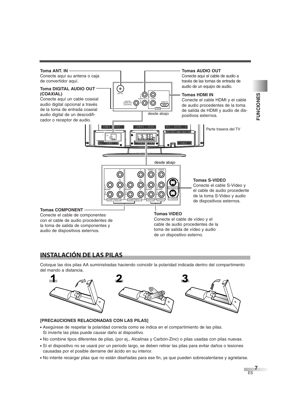 Instalación de las pilas, Funciones | Sylvania SSL2606 User Manual | Page 43 / 72