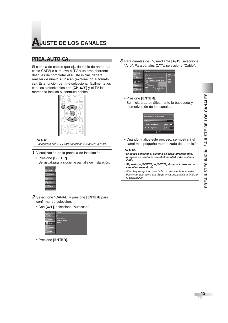 Prea. auto ca, Juste de los canales, Preajustes inicial / ajuste de los canales | Nota | Sylvania SSL2606 User Manual | Page 49 / 72