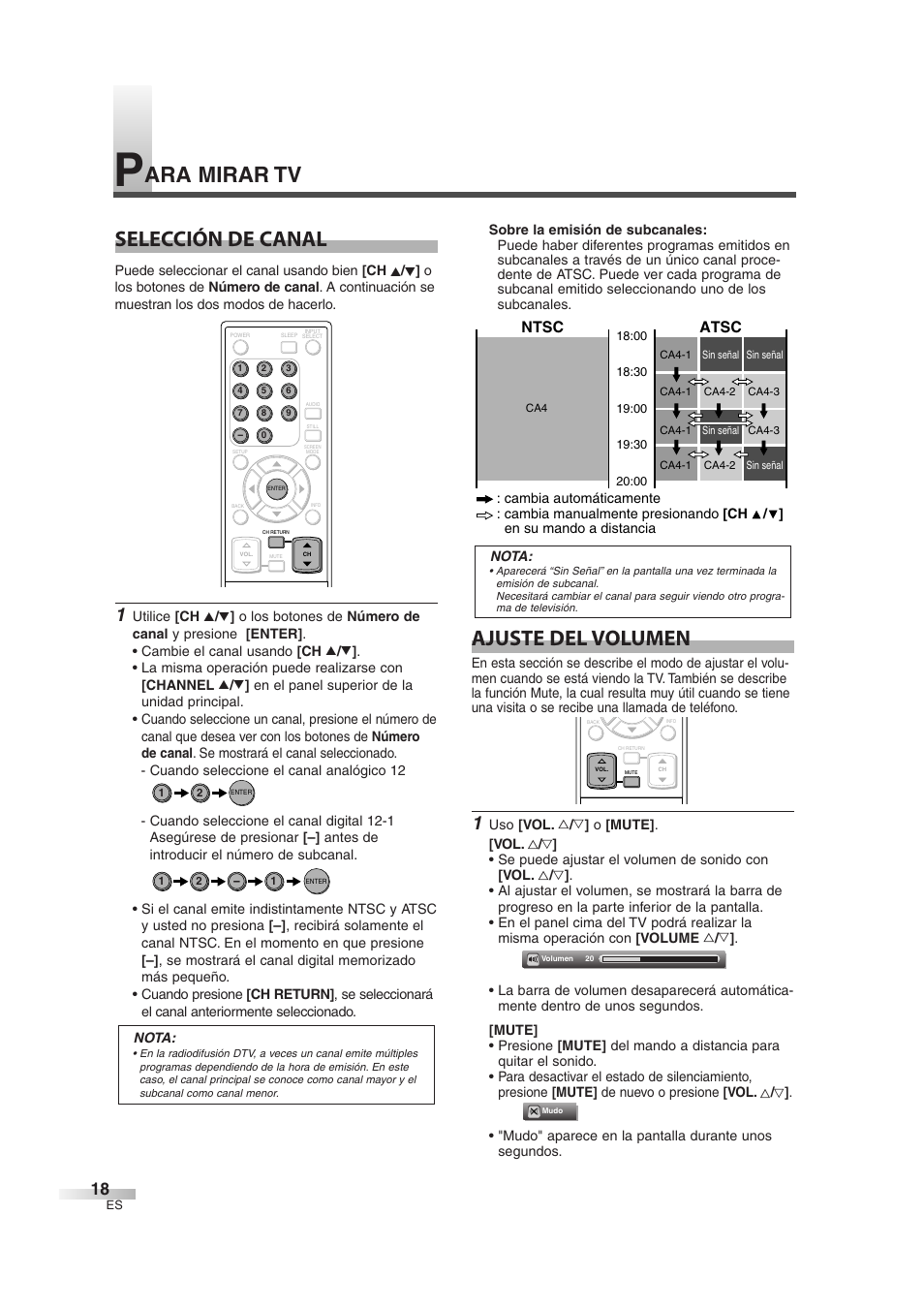 Ara mirar tv selección de canal, Ajuste del volumen, Atsc | Ntsc | Sylvania SSL2606 User Manual | Page 54 / 72