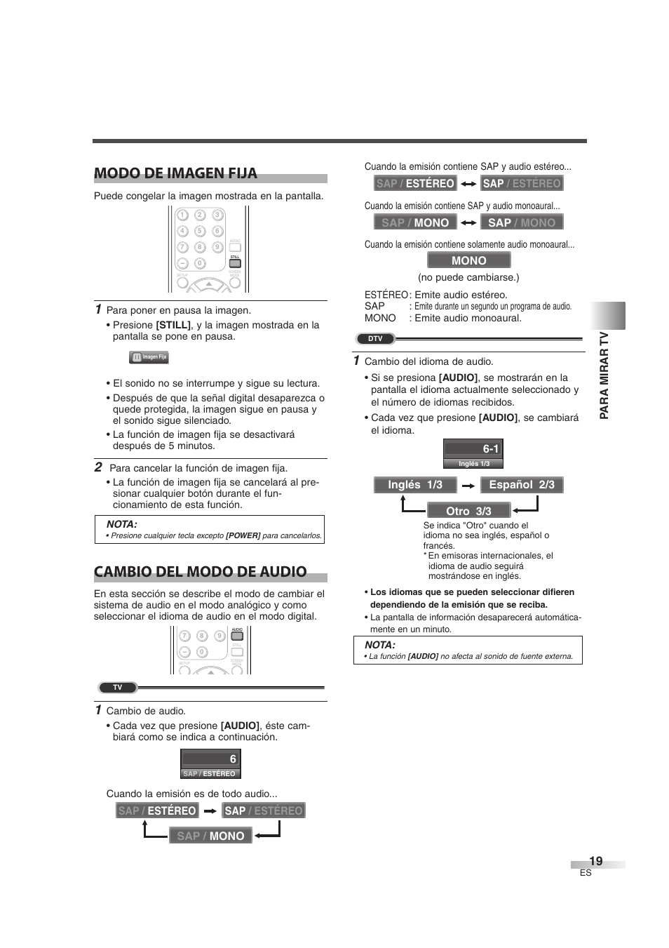 Modo de imagen fija, Cambio del modo de audio | Sylvania SSL2606 User Manual | Page 55 / 72