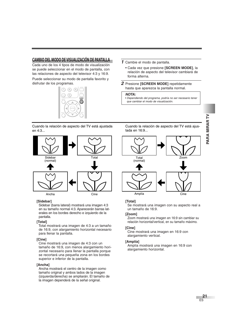 Cambio del modo de visualización de pantalla, Para mirar tv | Sylvania SSL2606 User Manual | Page 57 / 72