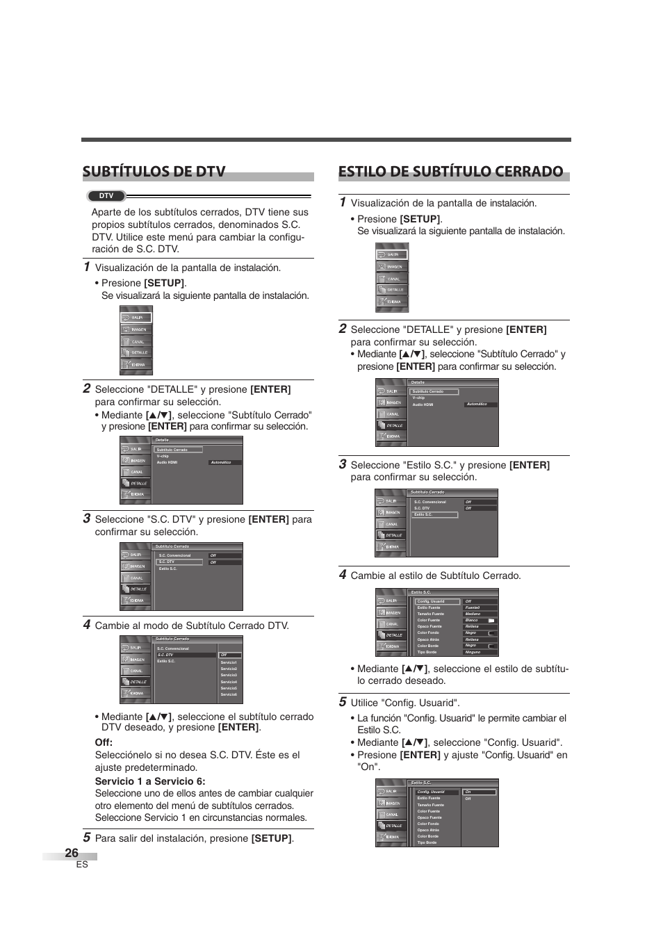 Estilo de subtítulo cerrado, Subtítulos de dtv, Para salir del instalación, presione [setup | Sylvania SSL2606 User Manual | Page 62 / 72