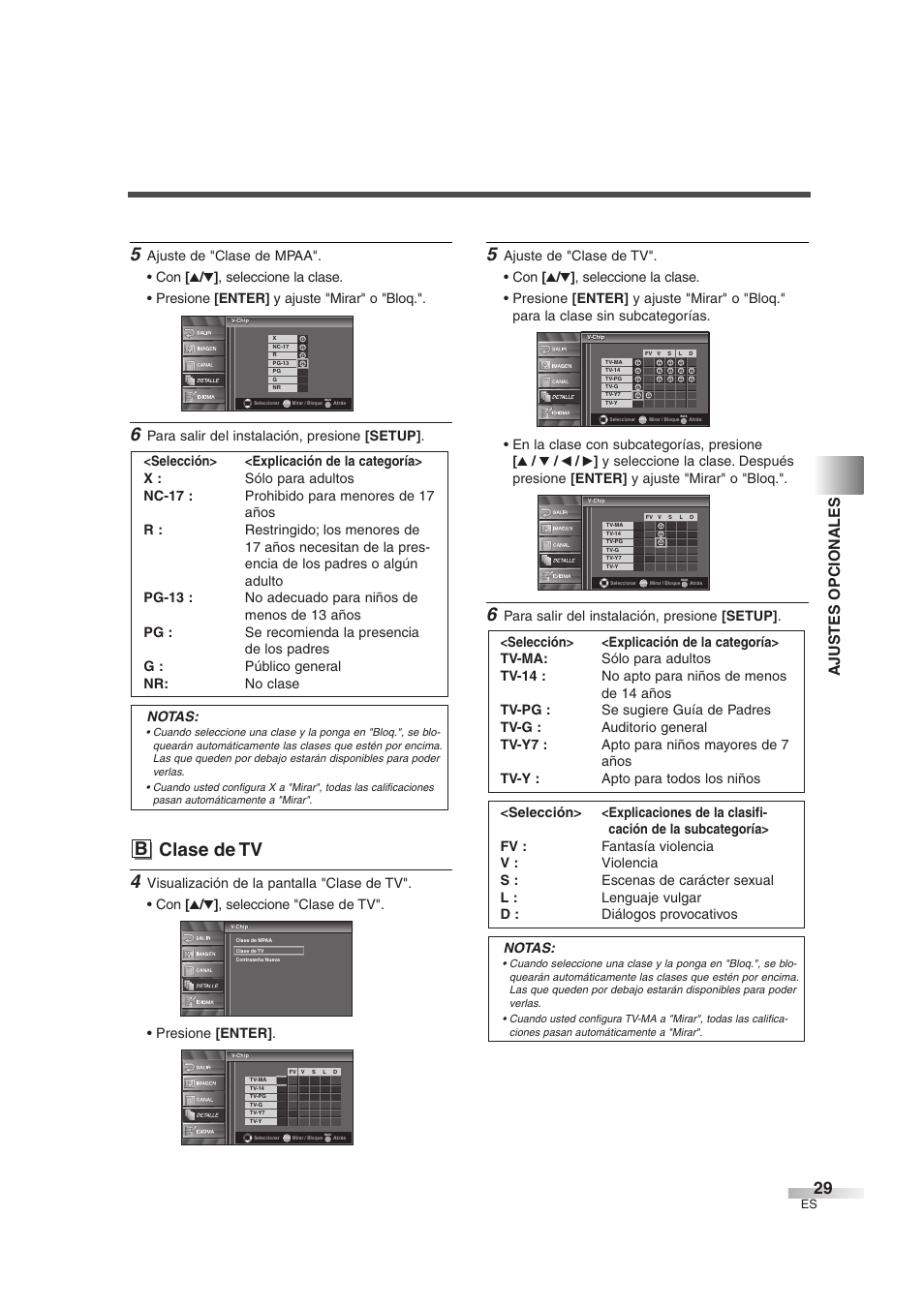 B clase de tv, Ajustes opcionales, Para salir del instalación, presione [setup | Notas | Sylvania SSL2606 User Manual | Page 65 / 72