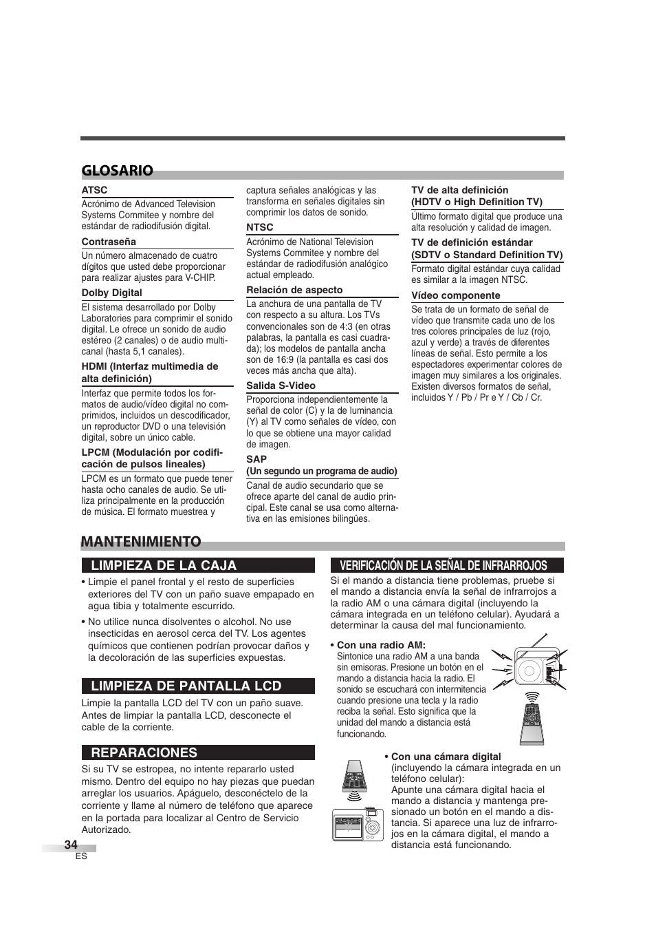 Mantenimiento glosario, Limpieza de la caja, Limpieza de pantalla lcd | Reparaciones, Verificación de la señal de infrarrojos | Sylvania SSL2606 User Manual | Page 70 / 72