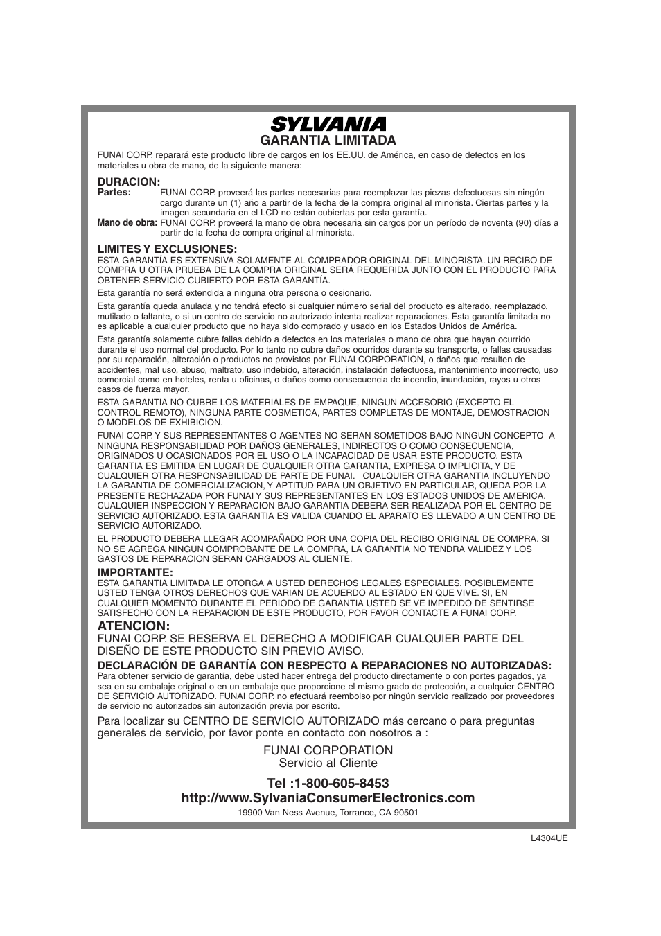 Garantia limitada, Atencion | Sylvania SSL2606 User Manual | Page 72 / 72