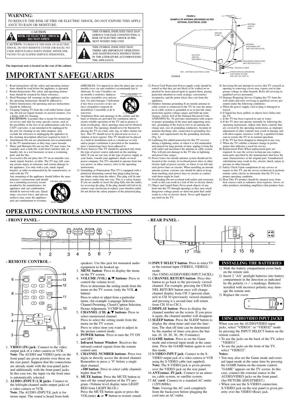 Important safeguards, Operating controls and functions, Warning | Front panel - - rear panel, Remote control, Installing the batteries, Using audio/video input jacks | Sylvania SST4324 User Manual | Page 2 / 8