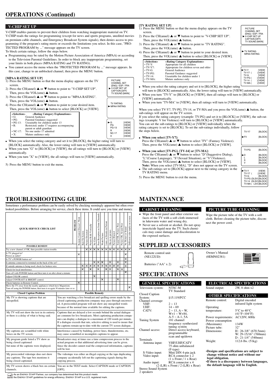 Owner’s manual, V-chip set up, General specifications | Electrical specifications, Other specifications, Cabinet cleaning, Picture tube cleaning | Sylvania SST4324 User Manual | Page 4 / 8
