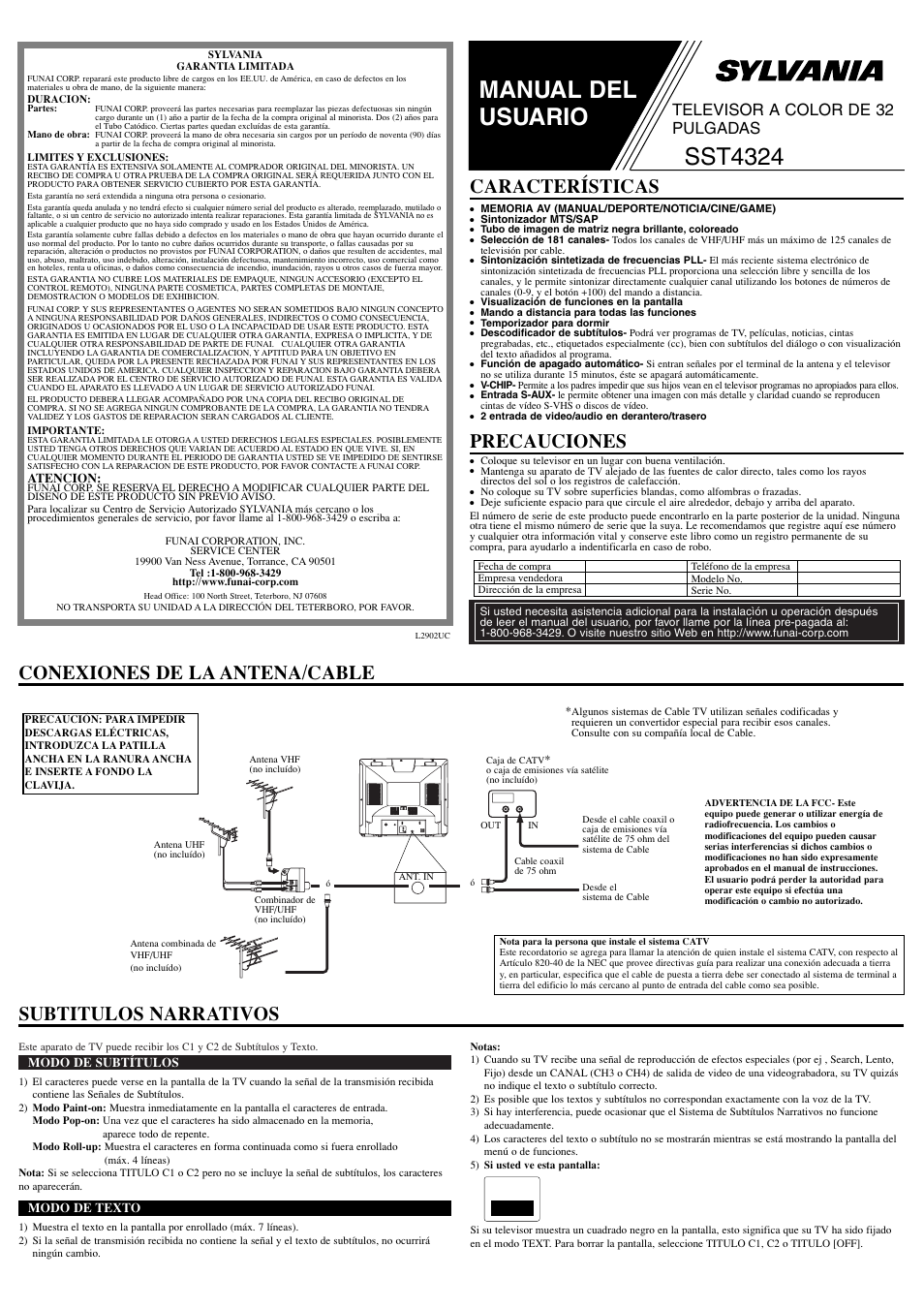 Manual del usuario, Sst4324, Conexiones de la antena/cable precauciones | Características, Subtitulos narrativos, Televisor a color de 32 pulgadas | Sylvania SST4324 User Manual | Page 5 / 8