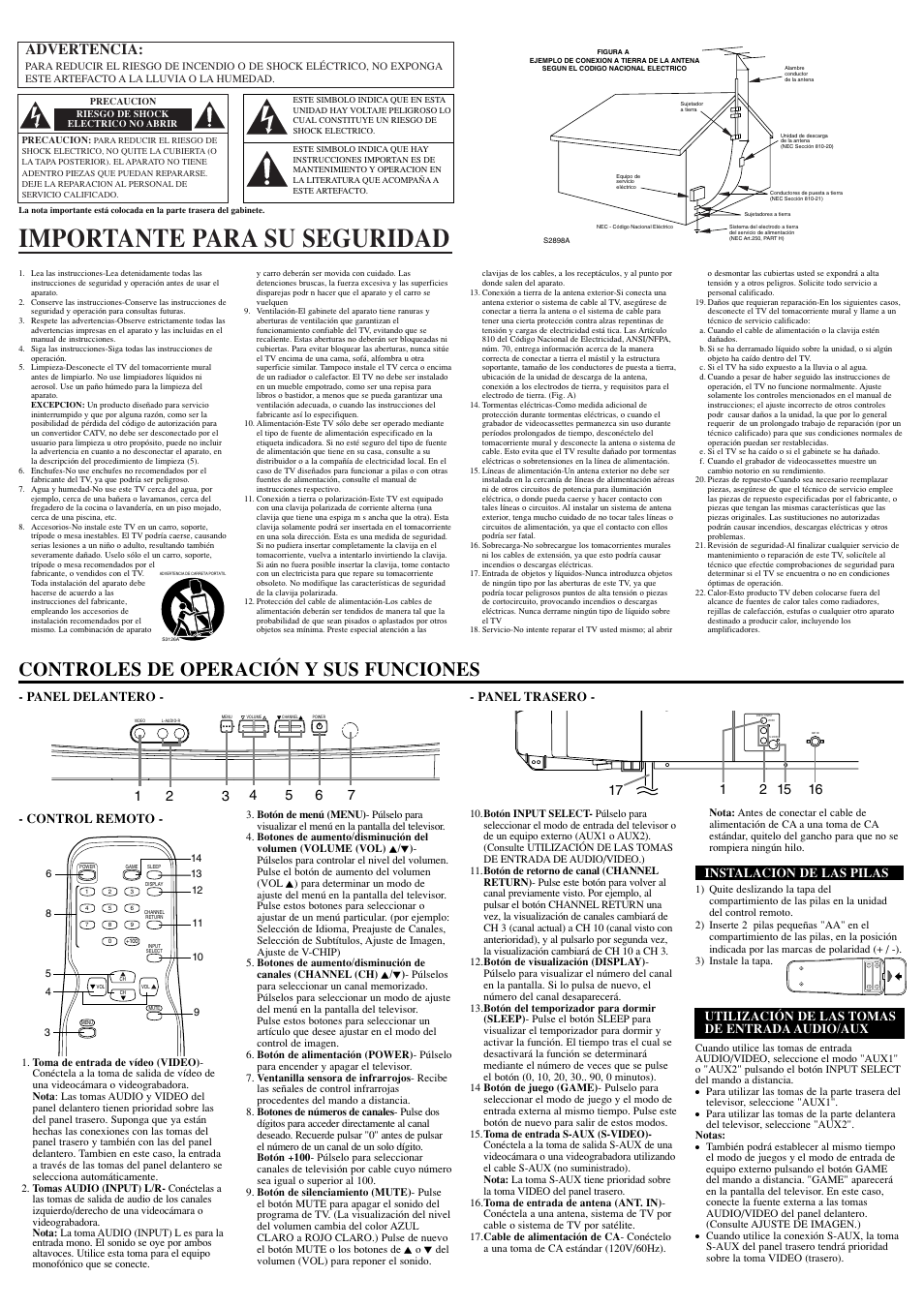 Importante para su seguridad, Controles de operación y sus funciones, Advertencia | Panel delantero - - panel trasero, Control remoto, Instalacion de las pilas, Utilización de las tomas de entrada audio/aux | Sylvania SST4324 User Manual | Page 6 / 8