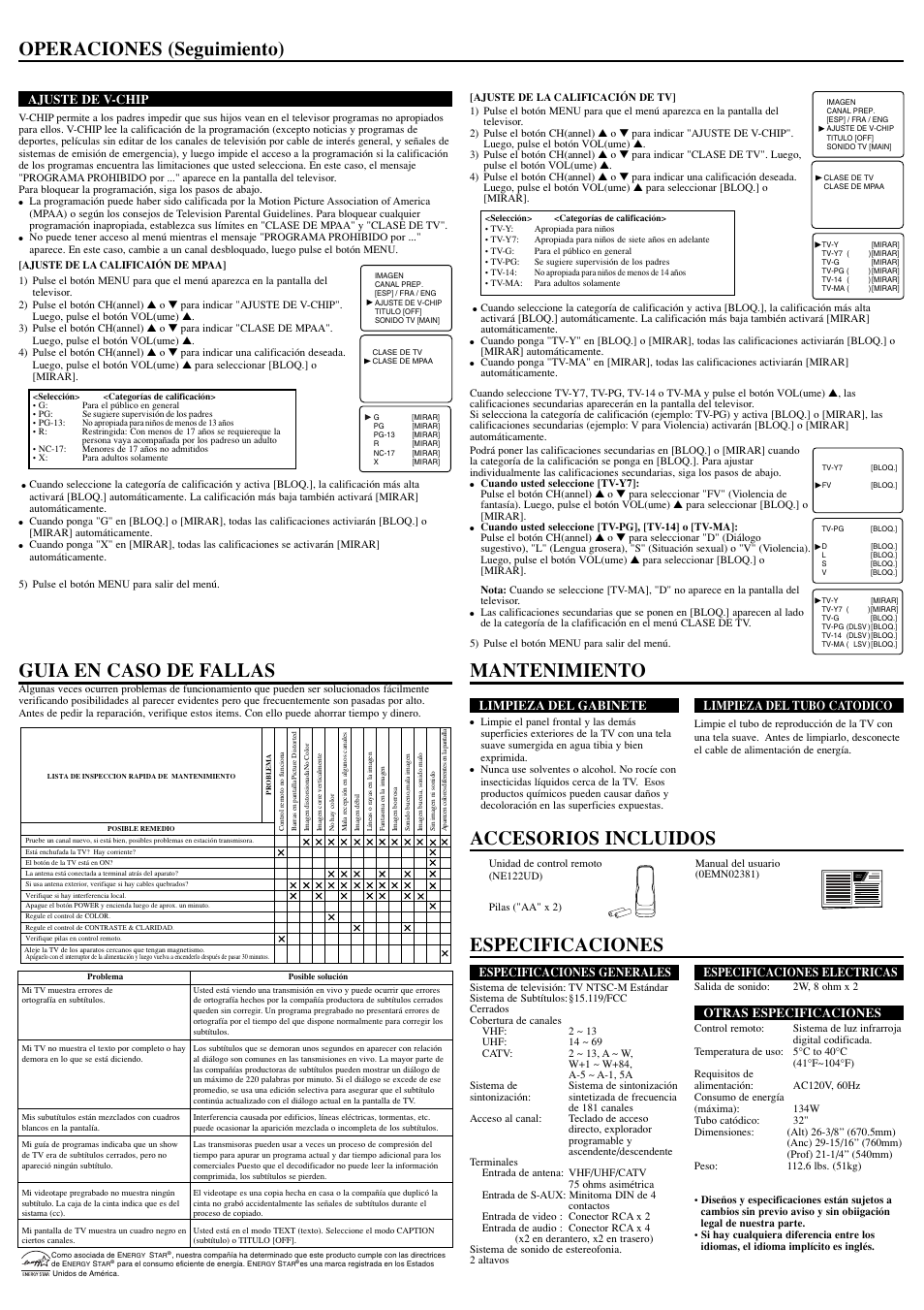 Especificaciones, Operaciones (seguimiento), Owner’s manual | Especificaciones generales, Especificaciones electricas, Otras especificaciones, Limpieza del gabinete, Limpieza del tubo catodico, Ajuste de v-chip | Sylvania SST4324 User Manual | Page 8 / 8