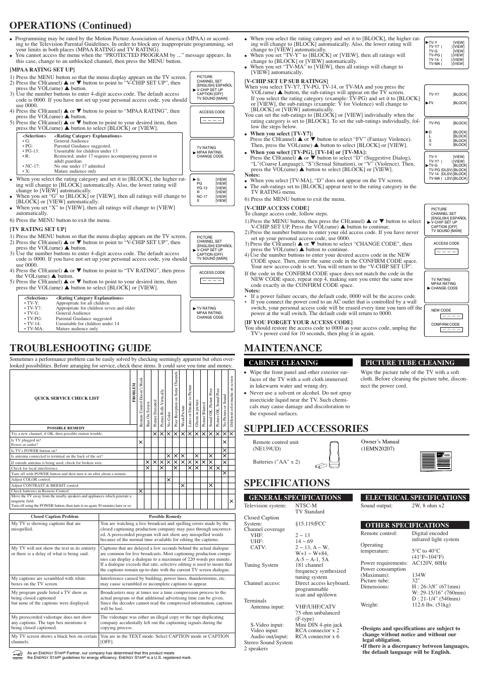Specifications, Operations (continued), Owner’s manual | Sylvania SST4324S User Manual | Page 4 / 8