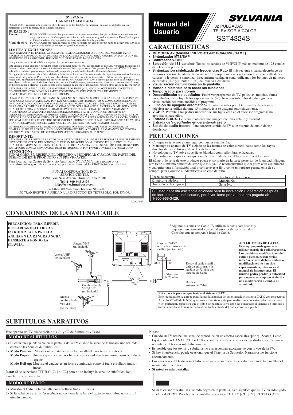 Manual del usuario, Sst4324s, Conexiones de la antena/cable precauciones | Características, Subtitulos narrativos | Sylvania SST4324S User Manual | Page 5 / 8