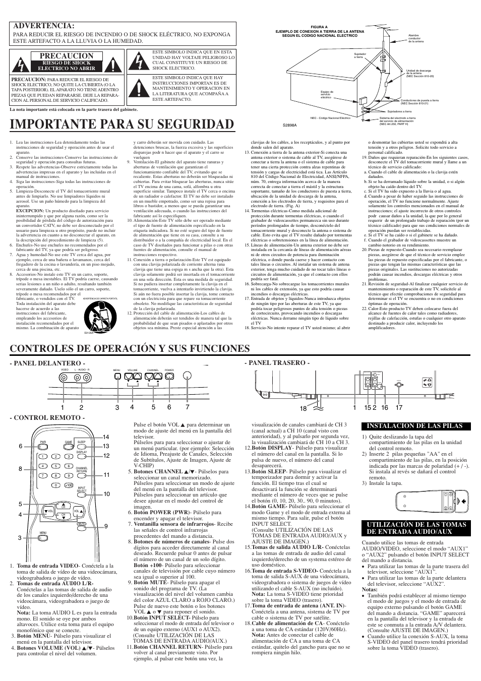 Importante para su seguridad, Controles de operación y sus funciones, Advertencia | Precaucion, Panel delantero - - panel trasero, Control remoto, Utilización de las tomas de entrada audio/aux, Instalacion de las pilas | Sylvania SST4324S User Manual | Page 6 / 8