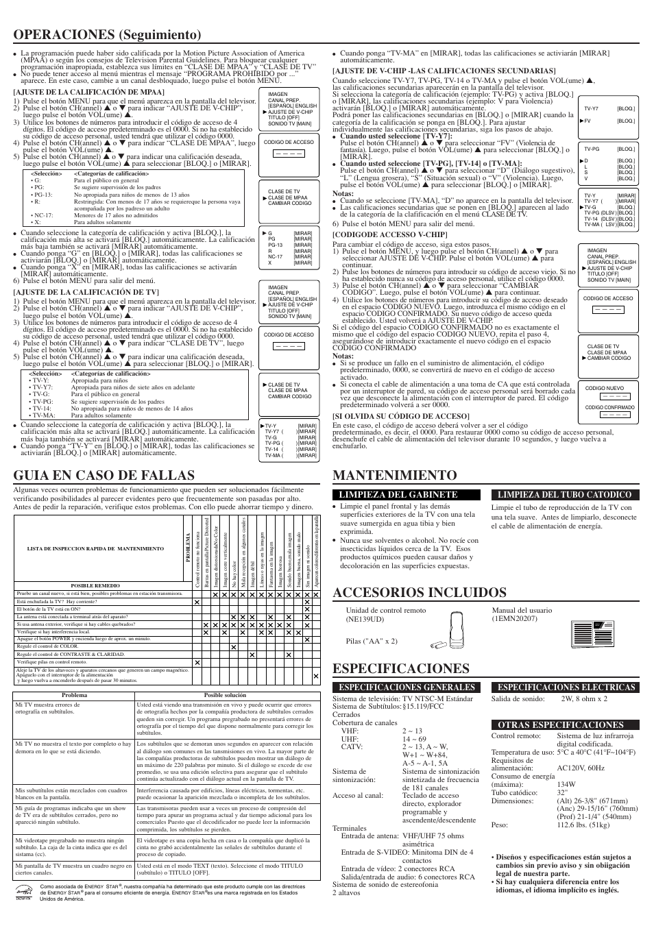 Especificaciones, Operaciones (seguimiento), Owner’s manual | Sylvania SST4324S User Manual | Page 8 / 8