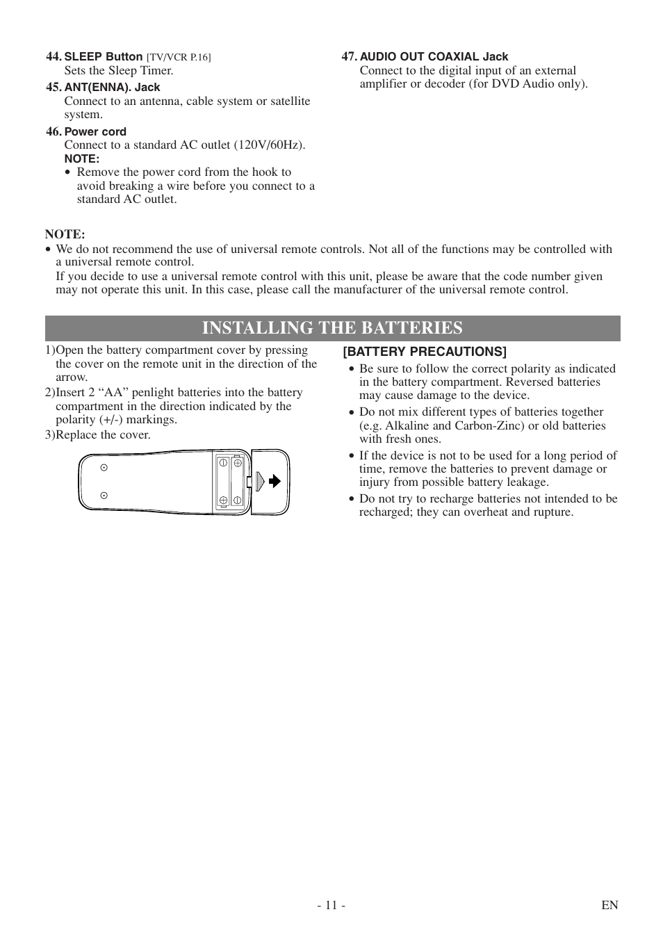 Installing the batteries | Sylvania 6720FDF User Manual | Page 11 / 56