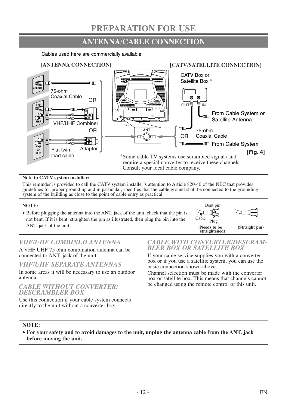 Preparation for use, Antenna/cable connection, Vhf/uhf combined antenna | Vhf/uhf separate antennas, Cable without converter/ descrambler box | Sylvania 6720FDF User Manual | Page 12 / 56