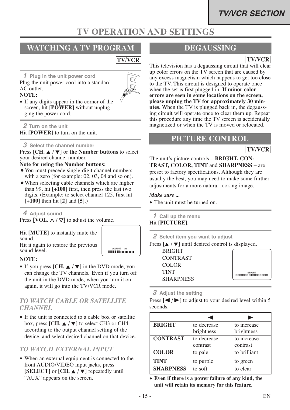 Tv operation and settings, Degaussing, Watching a tv program | Picture control, Tv/vcr | Sylvania 6720FDF User Manual | Page 15 / 56