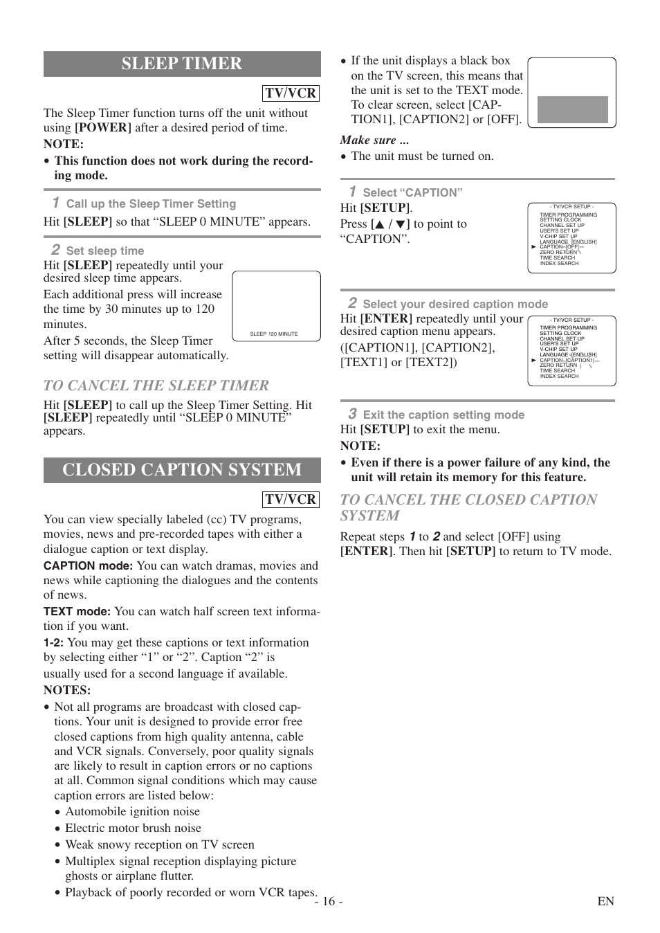 Closed caption system, Sleep timer | Sylvania 6720FDF User Manual | Page 16 / 56