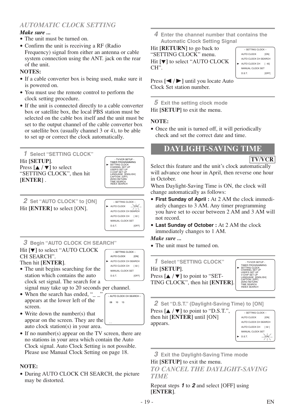 Daylight-saving time, Automatic clock setting, Tv/vcr | 19 - en, The unit must be turned on, Hit [setup] to exit the menu, Repeat steps 1 to 2 and select [off] using [enter, Make sure, Hit [enter] to select [on | Sylvania 6720FDF User Manual | Page 19 / 56