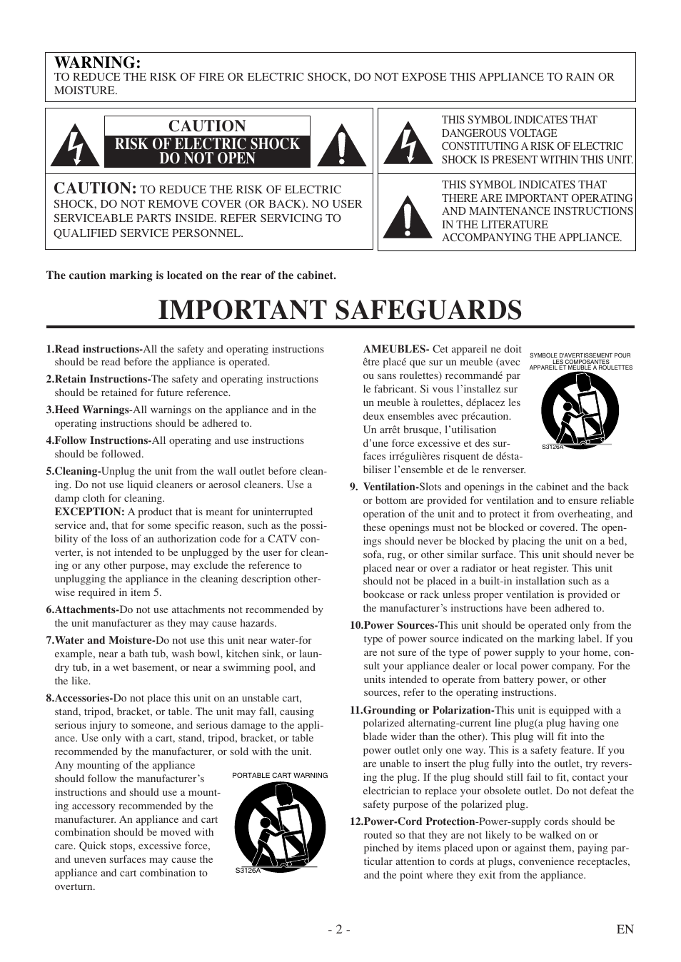 Important safeguards, Warning, Caution | Caution risk of electric shock do not open | Sylvania 6720FDF User Manual | Page 2 / 56