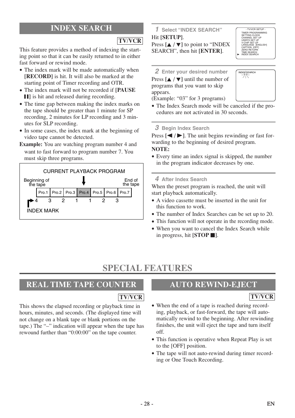 Special features, Index search, Real time tape counter auto rewind-eject | Sylvania 6720FDF User Manual | Page 28 / 56